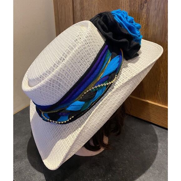 VTG Mexico Straw Fashion Cowboy Women’s Hat Turquoise Flower Black Band Fit 7 - Picture 7 of 10